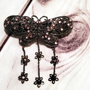 Brushed Nickel Butterfly barette Pink Rhinestones